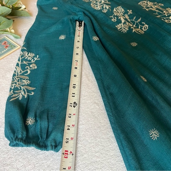 Women’s Embroidered Boho Mini Dress Teal Long Puff Sleeve - Picture 7 of 13